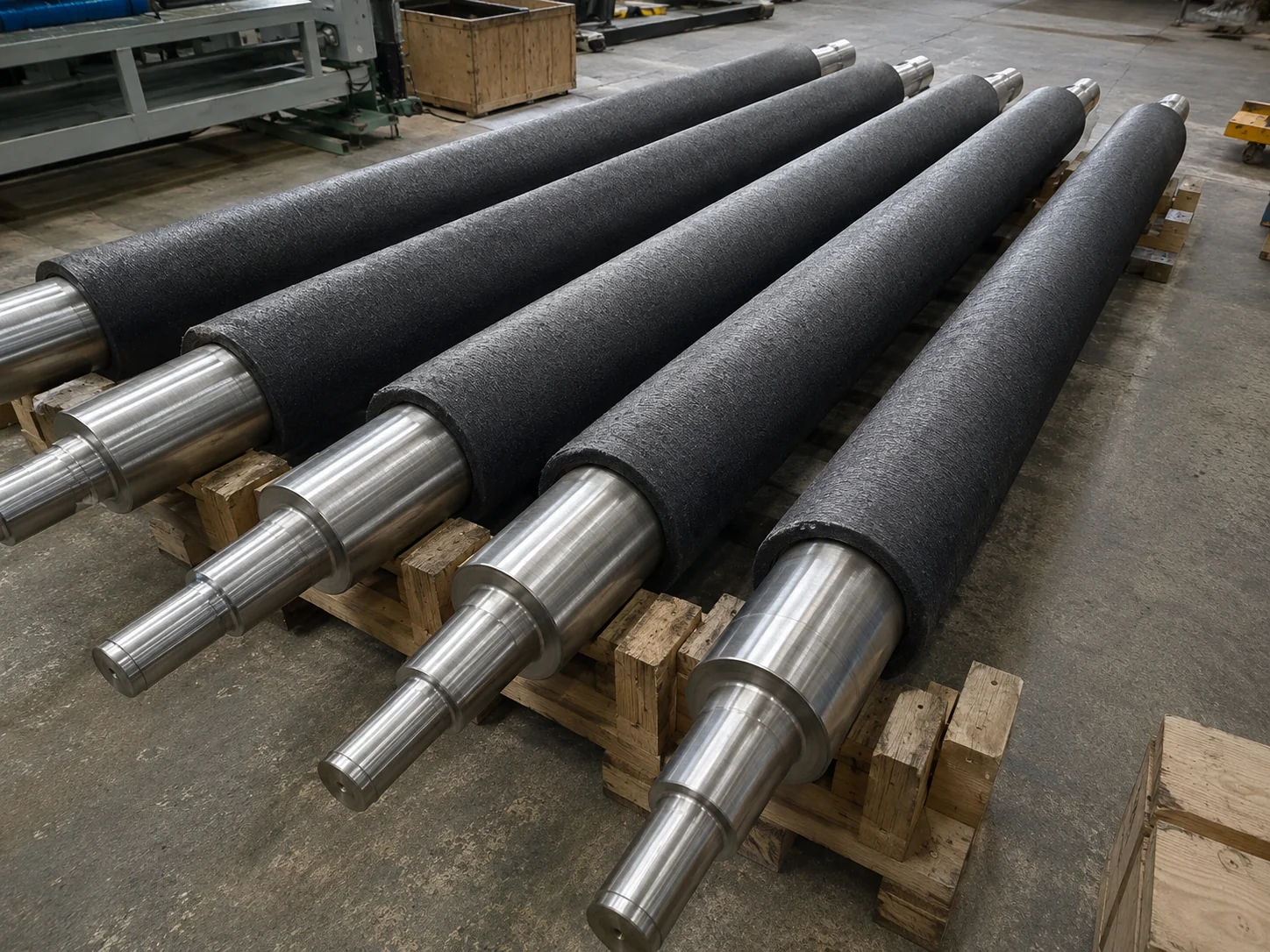High-temperature brush furnace rolls with metal shafts in a workshop